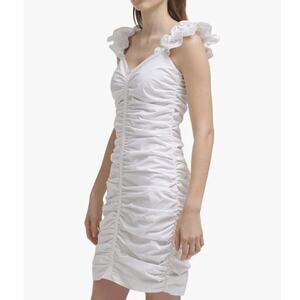 Guess Women Mini Dress Size 12 White Ruched Ruffle Sleeveless V-Neck NWT